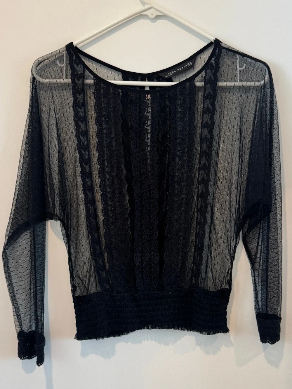 Zara Black Sheer Lace-Panel Long Sleeve Top open on the back Size XS